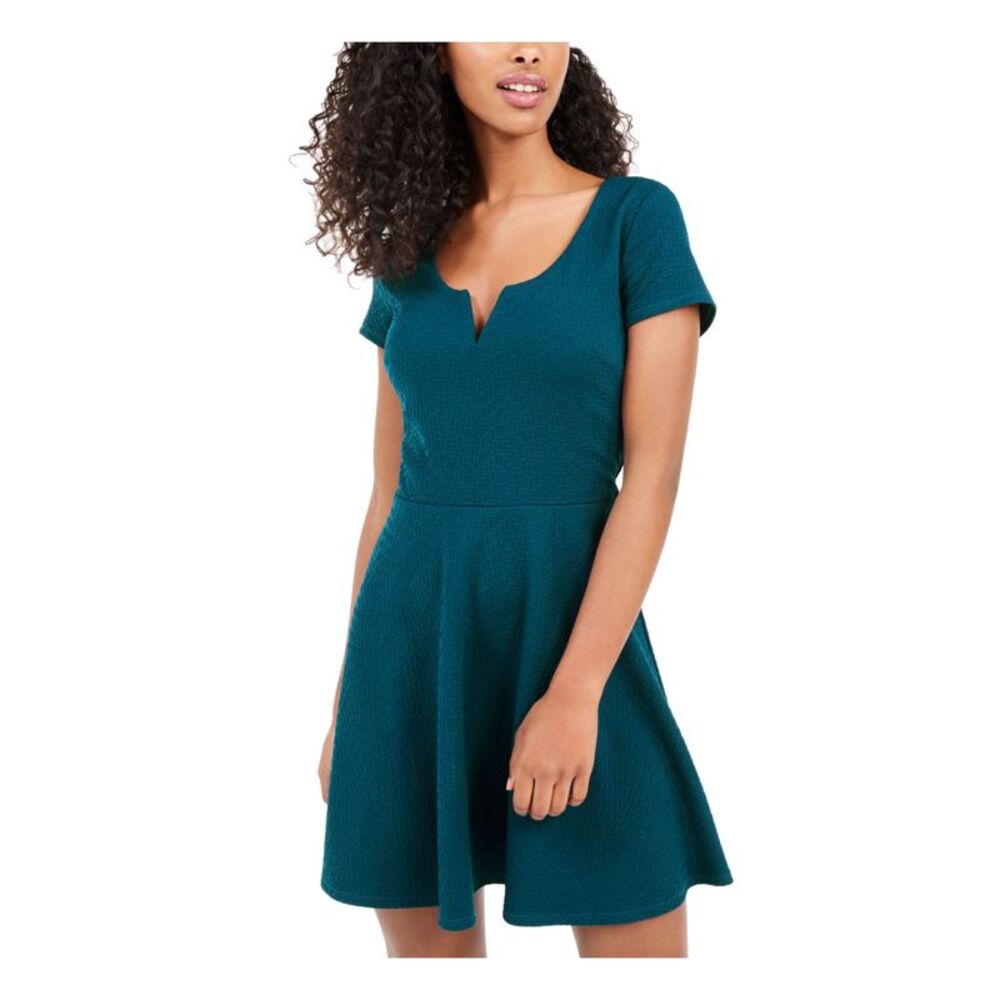 TRIXXI Womens Teal Short Sleeve Jewel Neck Short Fit + Flare Dress 9
